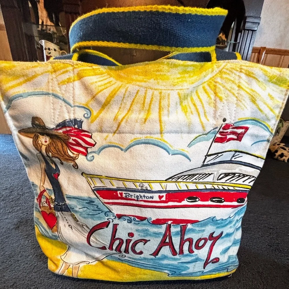 Brighton Canvas Tote Bag Chic Ahoy Nautical Theme Bag Shoulder Hand Painted - Picture 2 of 16
